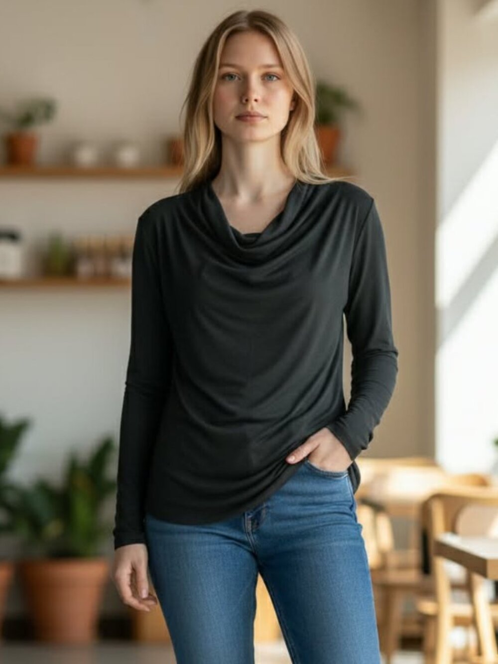 Michael Stars Size OS Forest Green Draped Cowl V-Neck Long Sleeve Women's Casual